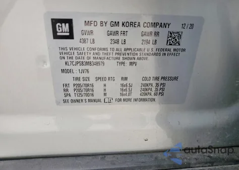 2021 Chevrolet Trax 1Lt z USA, uszkodzony, nr VIN KL7CJPSB3MB348979